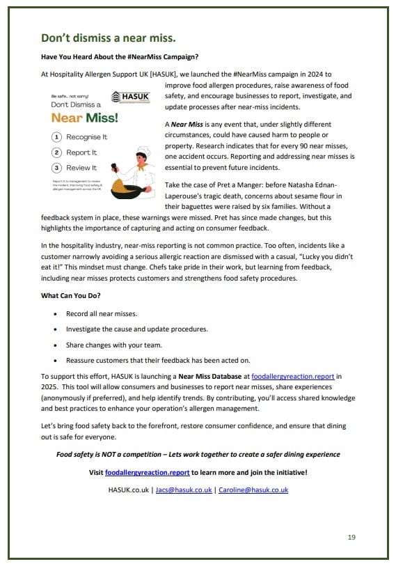 HASUK near miss campaign and promotion of the foodallergyreaction.report database to encourage allergy customers to complete