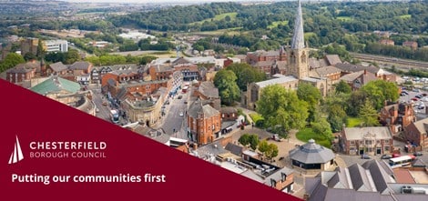 case study Chesterfield Borough Council logo and image of Chesterfield with bent steeple church - Food Allergy Aware case study image