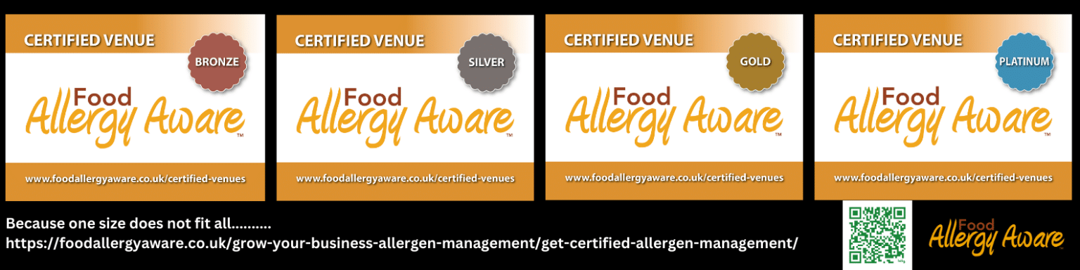logos for bronze, silver, gold and platinum for the food alelrgy aware certification scheme